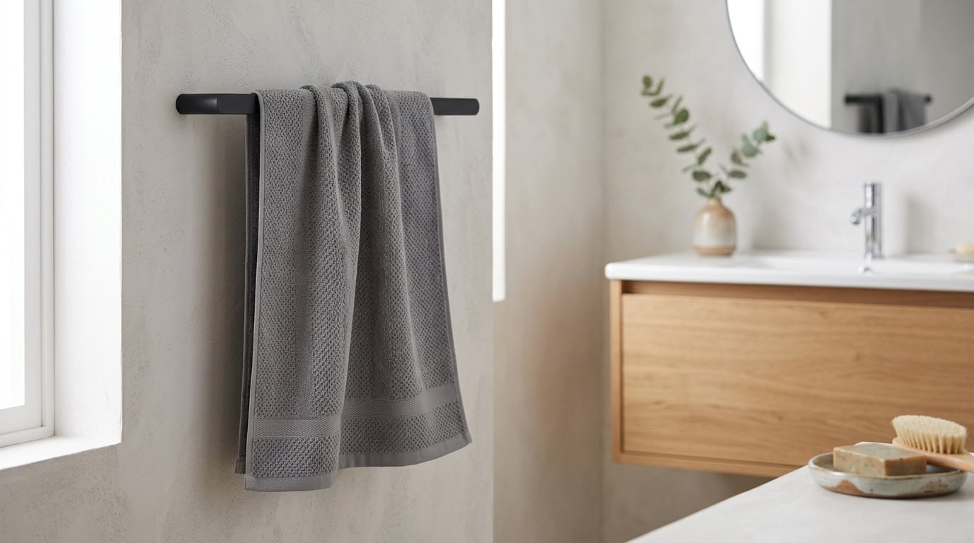 Contemporary bathroom with gray towel hanging and wooden vanity.