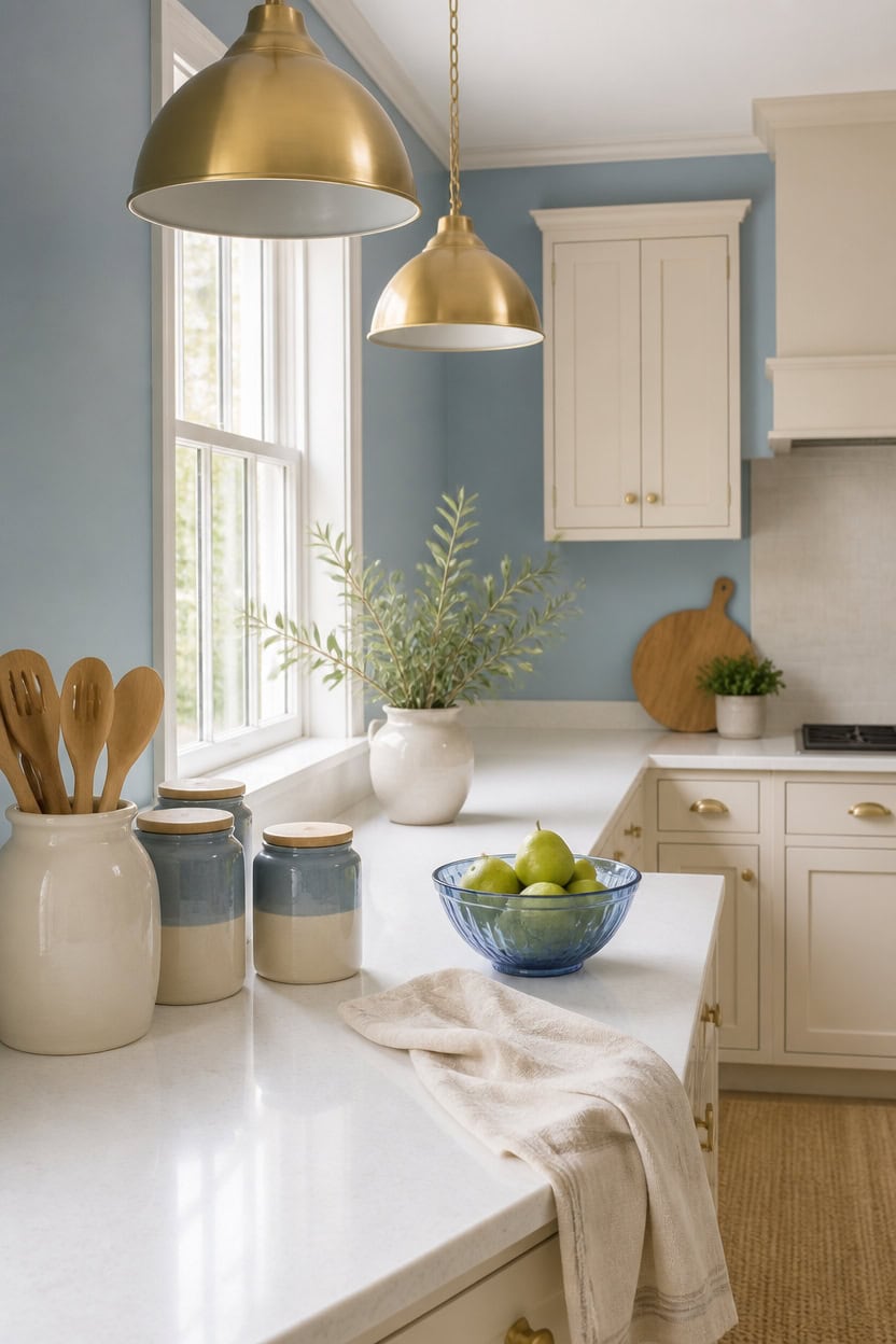 Bright kitchen with white cabinets, gold pendant lights, and green apples in a bowl.