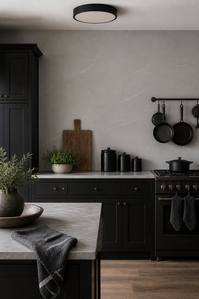 Contemporary kitchen with black cabinetry, hanging pots, and minimalist decor.