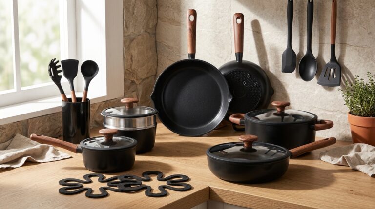Black non-stick cookware set with wooden handles on kitchen counter.