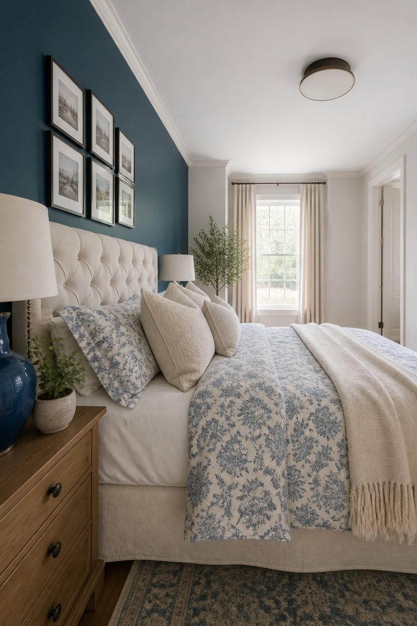 Bright bedroom with a tufted headboard, framed art, and natural light from window.