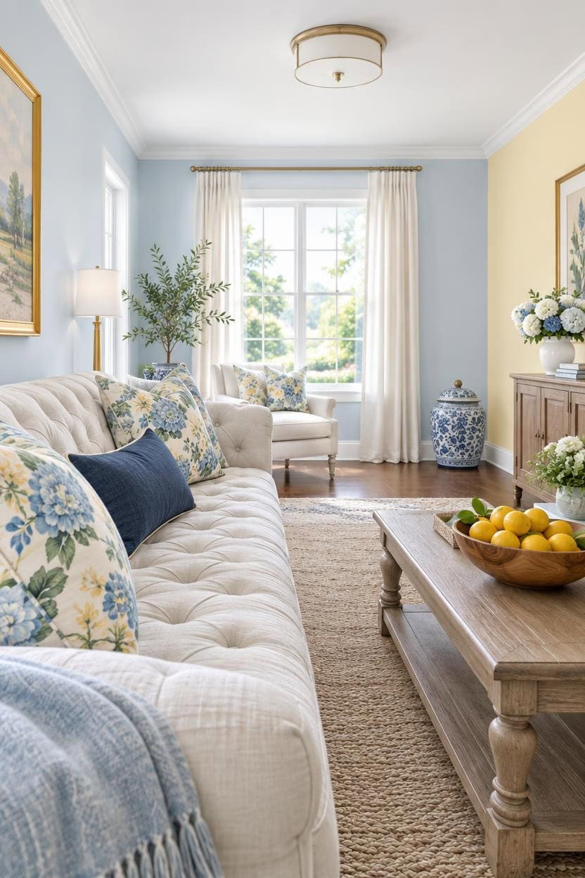 Bright living room with beige sofa, blue and floral cushions, and large window.
