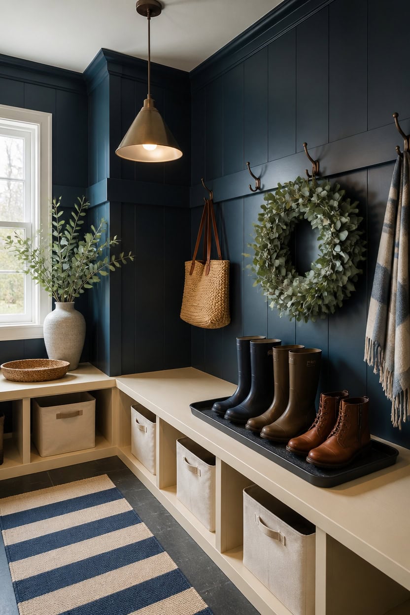 Cozy entryway with navy wall, wreath, boots, and decorative items.