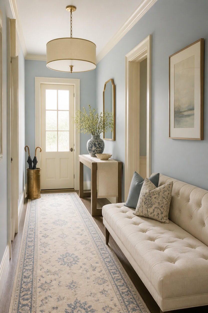 Bright entryway with a cream sofa, blue walls, and decorative art pieces.