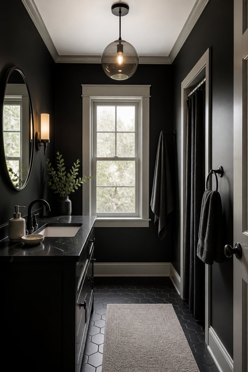 Stylish black bathroom with a large window and modern fixtures.
