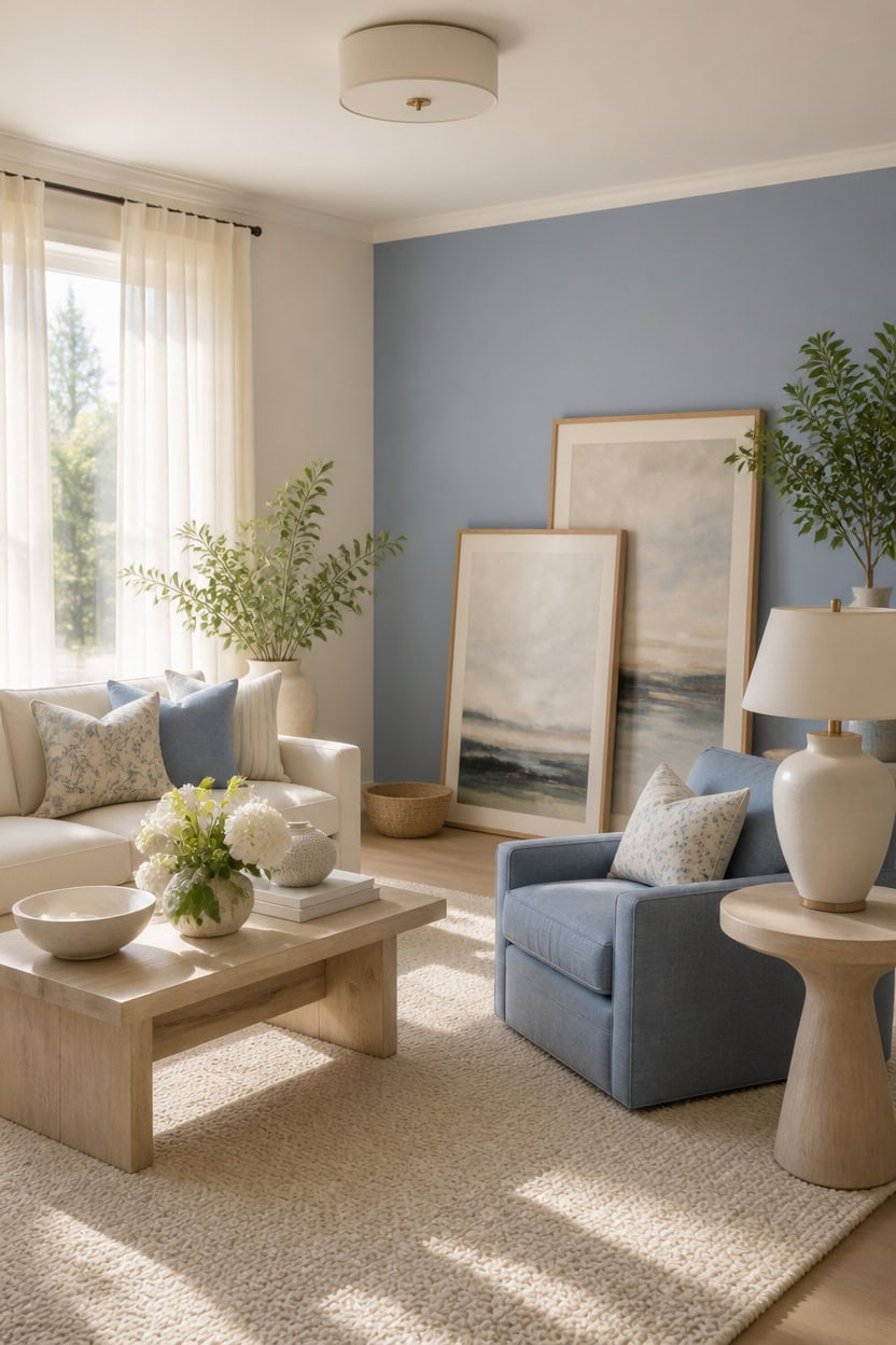 Bright living room with blue accent wall, artwork, and cozy seating.
