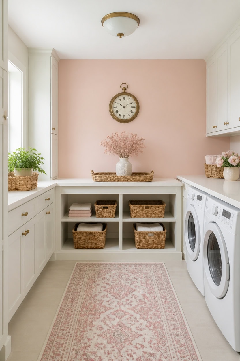 Bright laundry room with white cabinets, pink wall, and washer/dryer units.