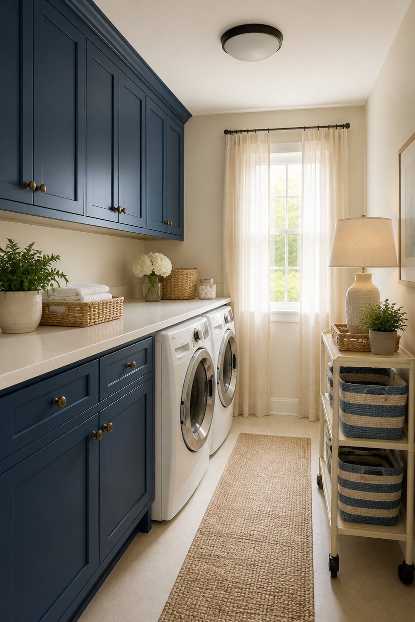 Bright laundry room with blue cabinets, washer, dryer, and natural light from window.
