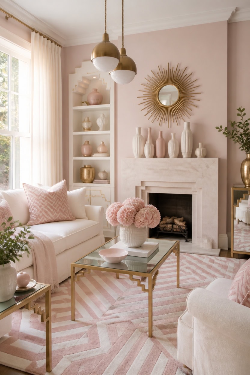Stylish living room with pink accents, fireplace, and decorative vases.