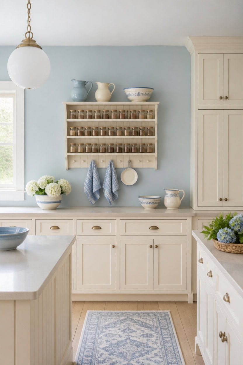 Bright kitchen with white cabinets, open shelving, and blue accents.