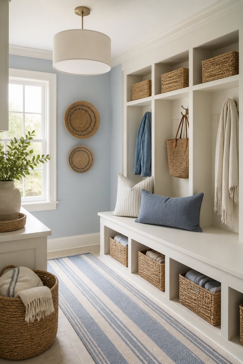 soft blue cream mudroom