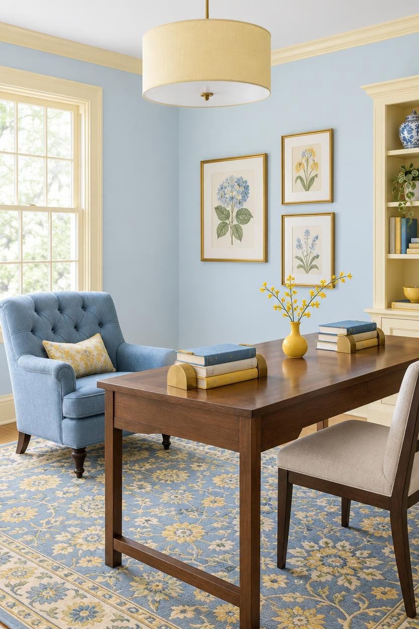 Bright dining room with blue armchair, wooden table, and floral artwork.