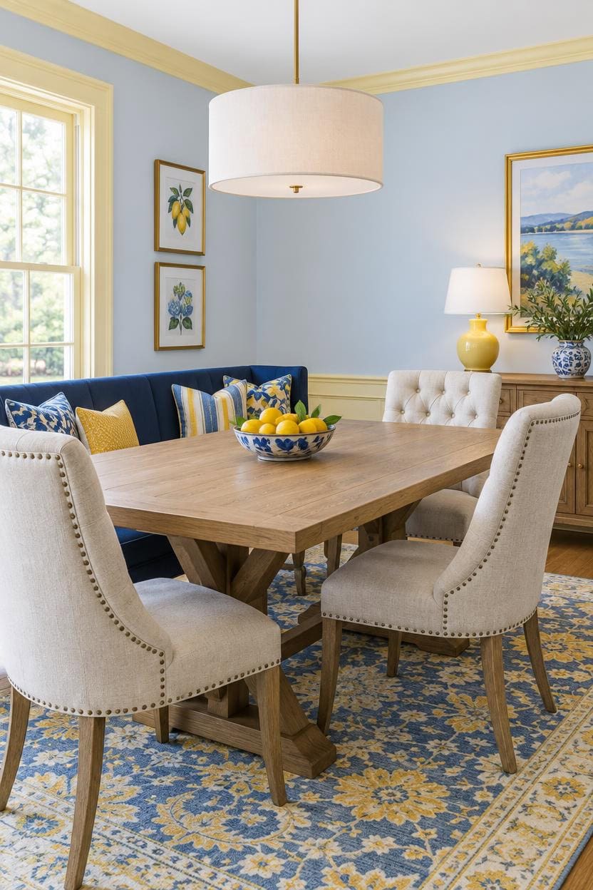 Bright dining room with wooden table, beige and blue chairs, and artwork.