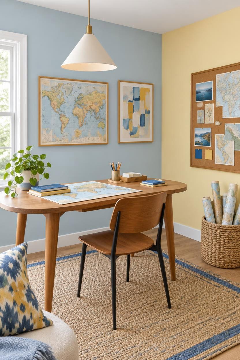 Home office with world maps, wooden desk, and natural light for productivity.
