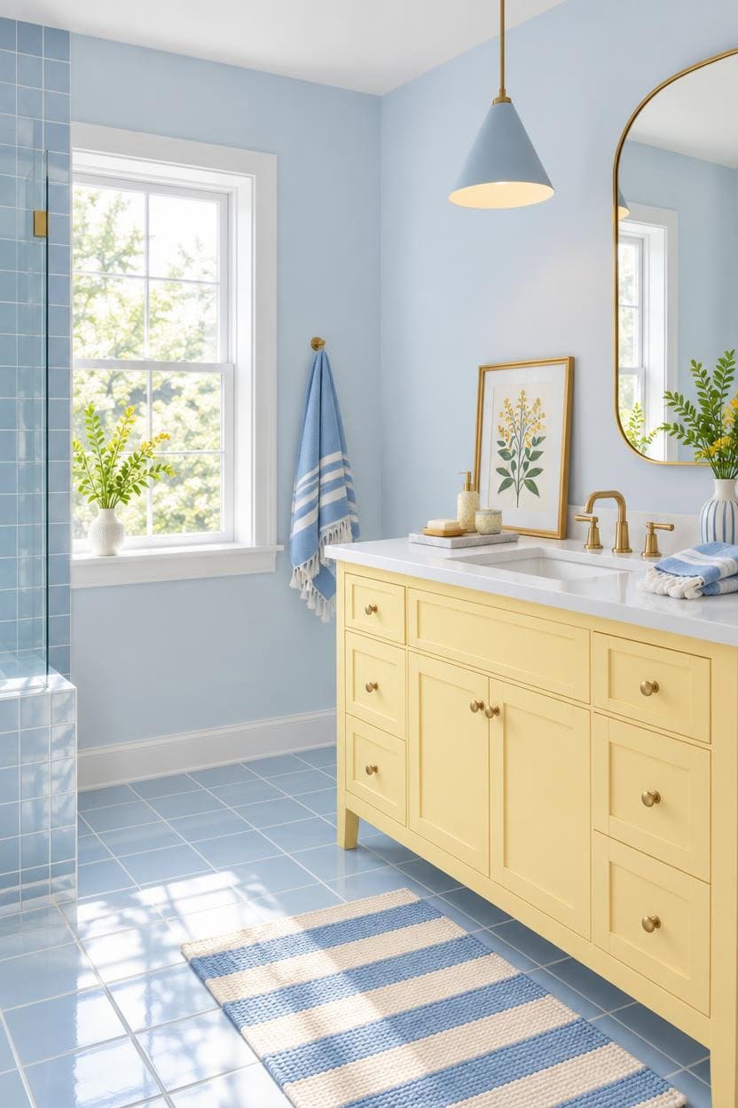 Bright bathroom with yellow vanity, blue walls, and natural light from window.