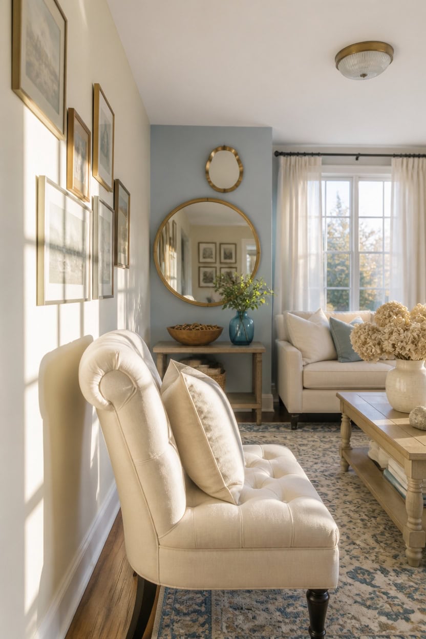 Bright living room with cream sofa, armchair, and large window with curtains.