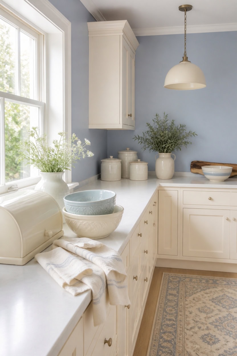 Bright kitchen with white cabinets, blue walls, and decorative vases on the countertop.