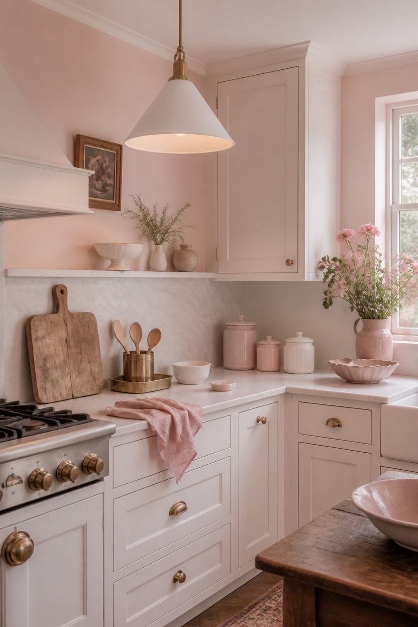 Bright kitchen with white cabinets, pink decor, and natural light from window.