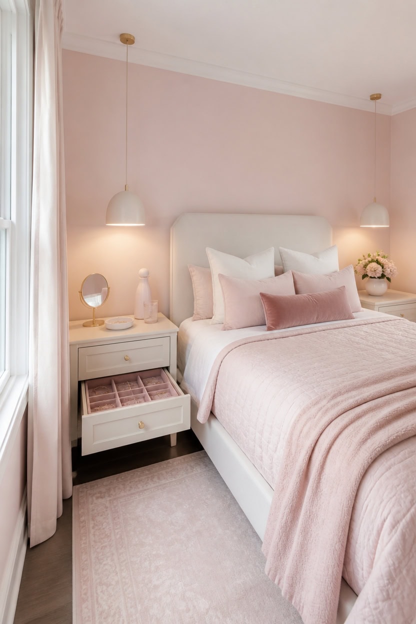 Cozy bedroom with pink bedding, white furniture, and soft lighting for a relaxing atmosphere.