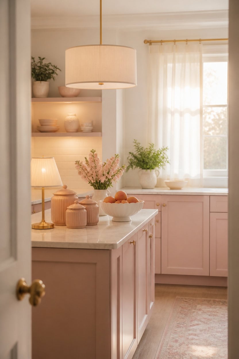 Sunny kitchen with pink cabinets, white countertops, and decorative vases and flowers.