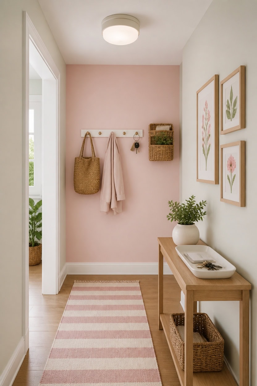 Cozy apartment entryway with pink wall, wall hooks, and botanical art.