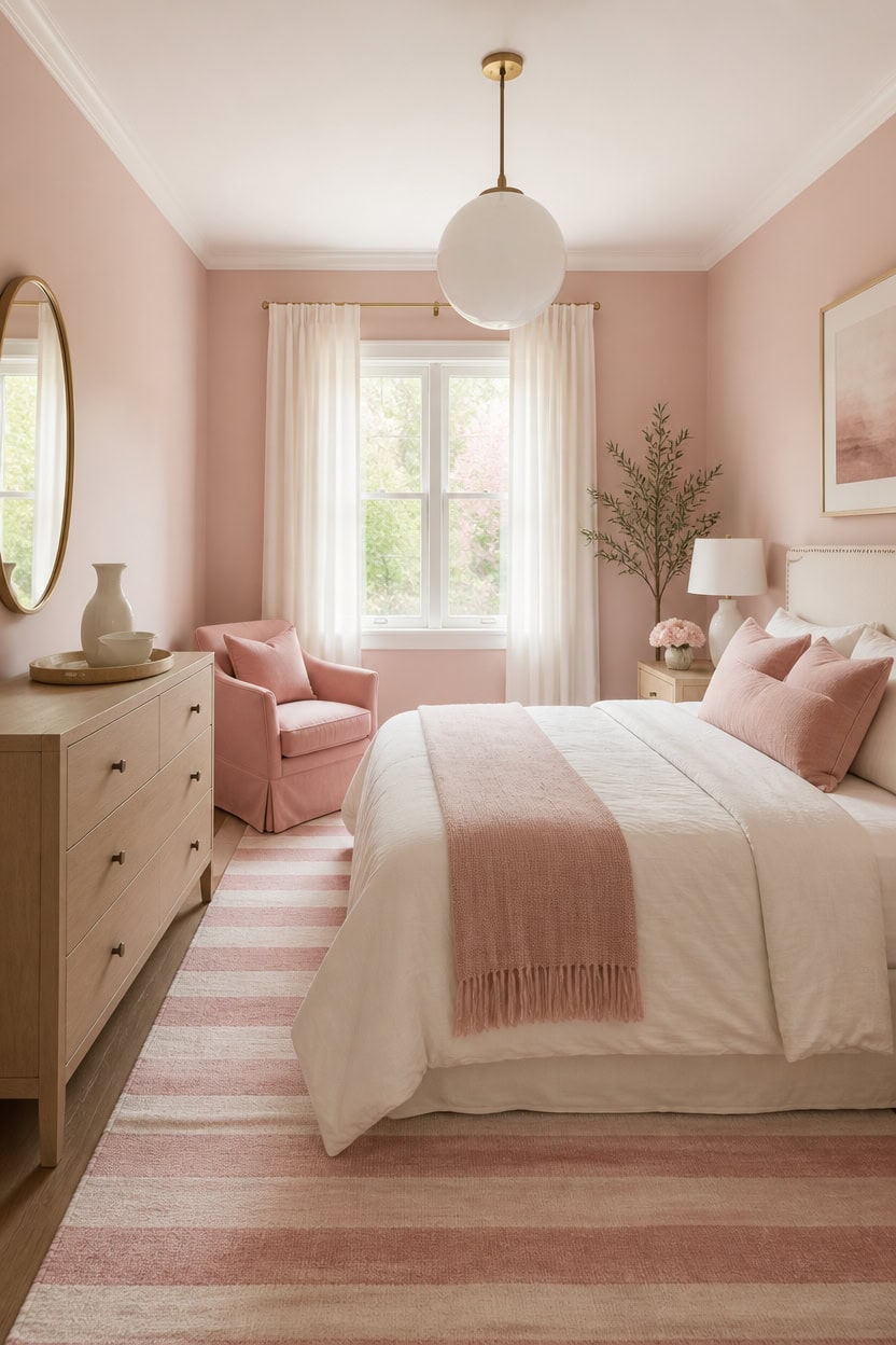 Cozy pink bedroom with natural light, elegant decor, and comfortable furnishings.