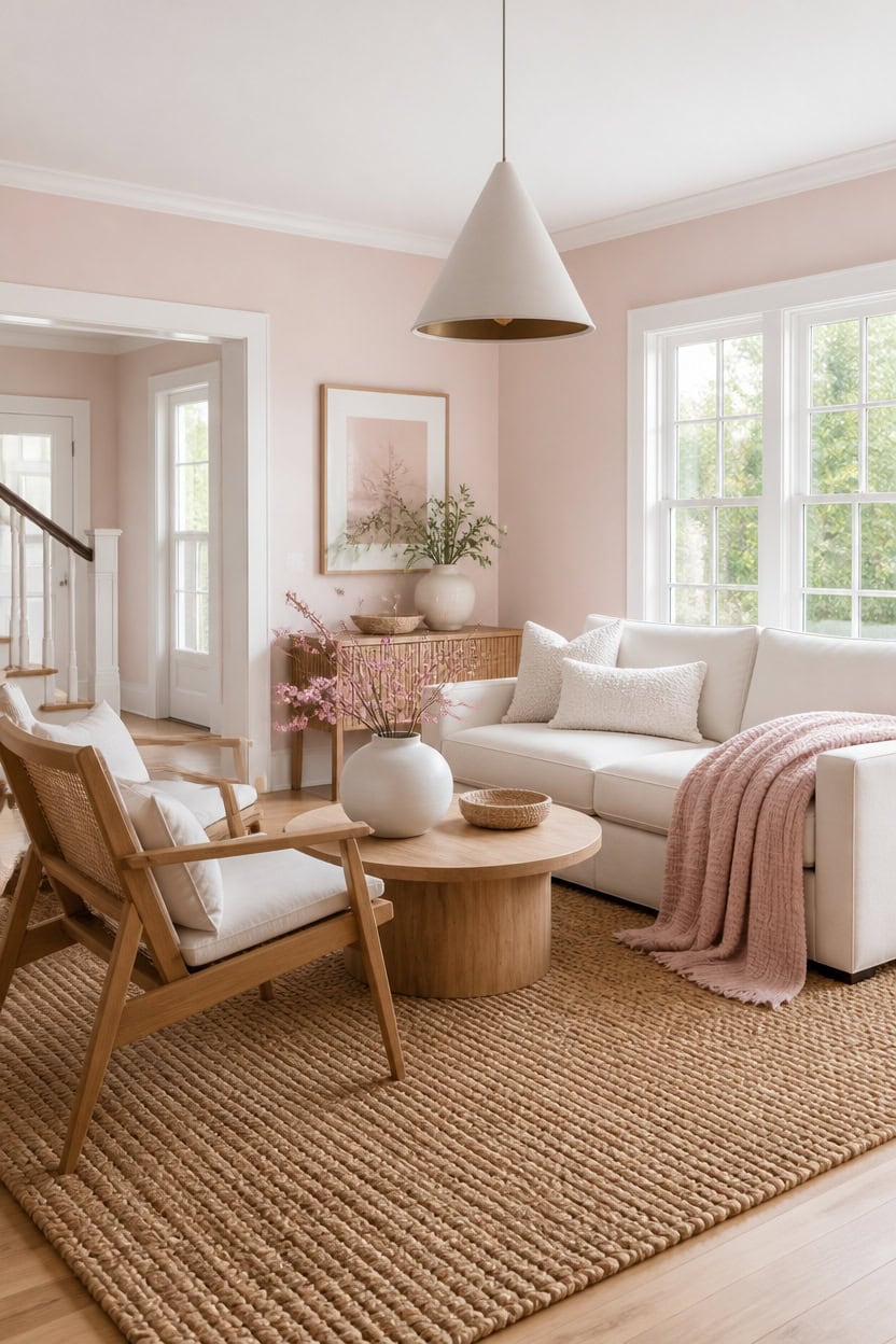 Bright living room with white sofa, wooden chair, and large windows.