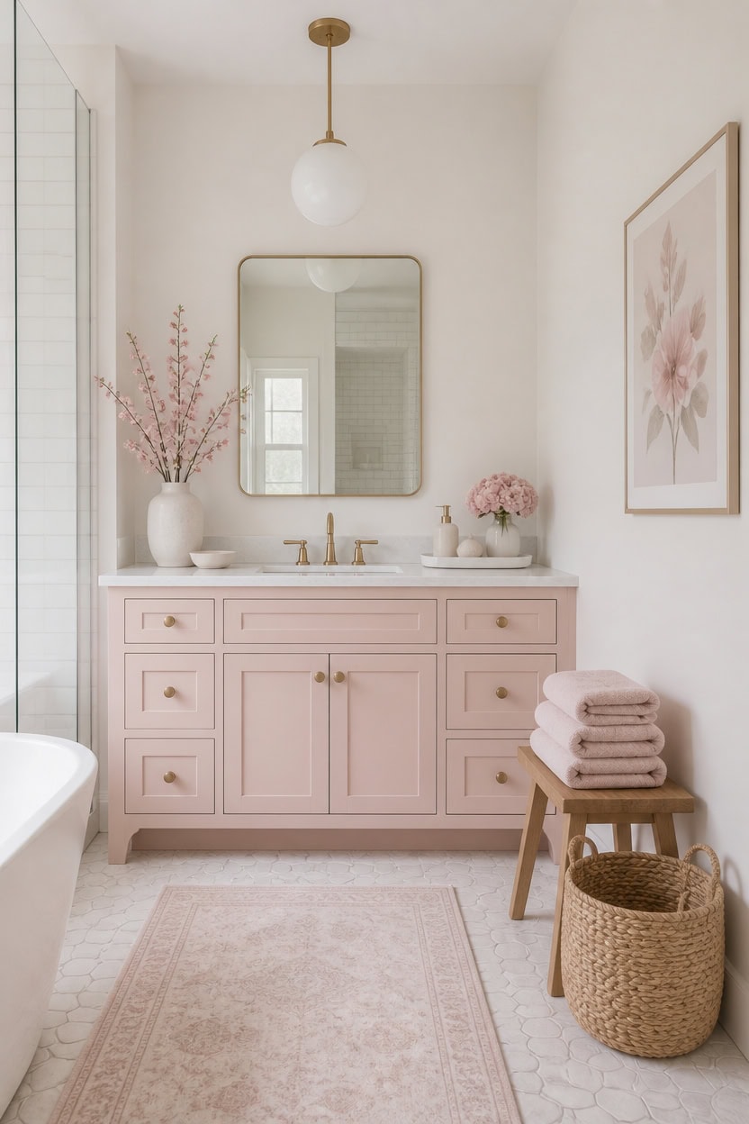 Bright bathroom with pink accents, vanity, mirror, and floral artwork.