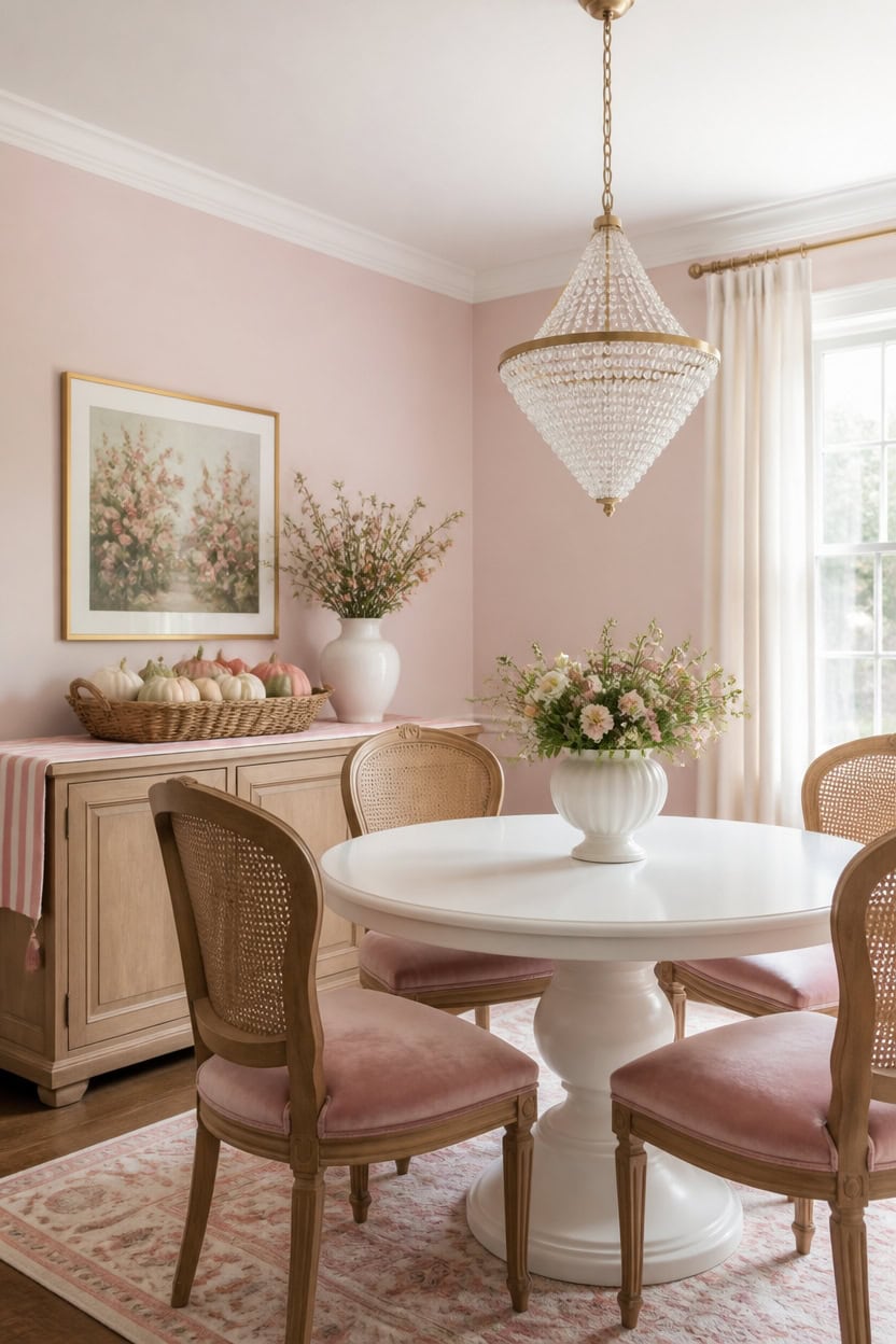 soft pink chandelier vignette