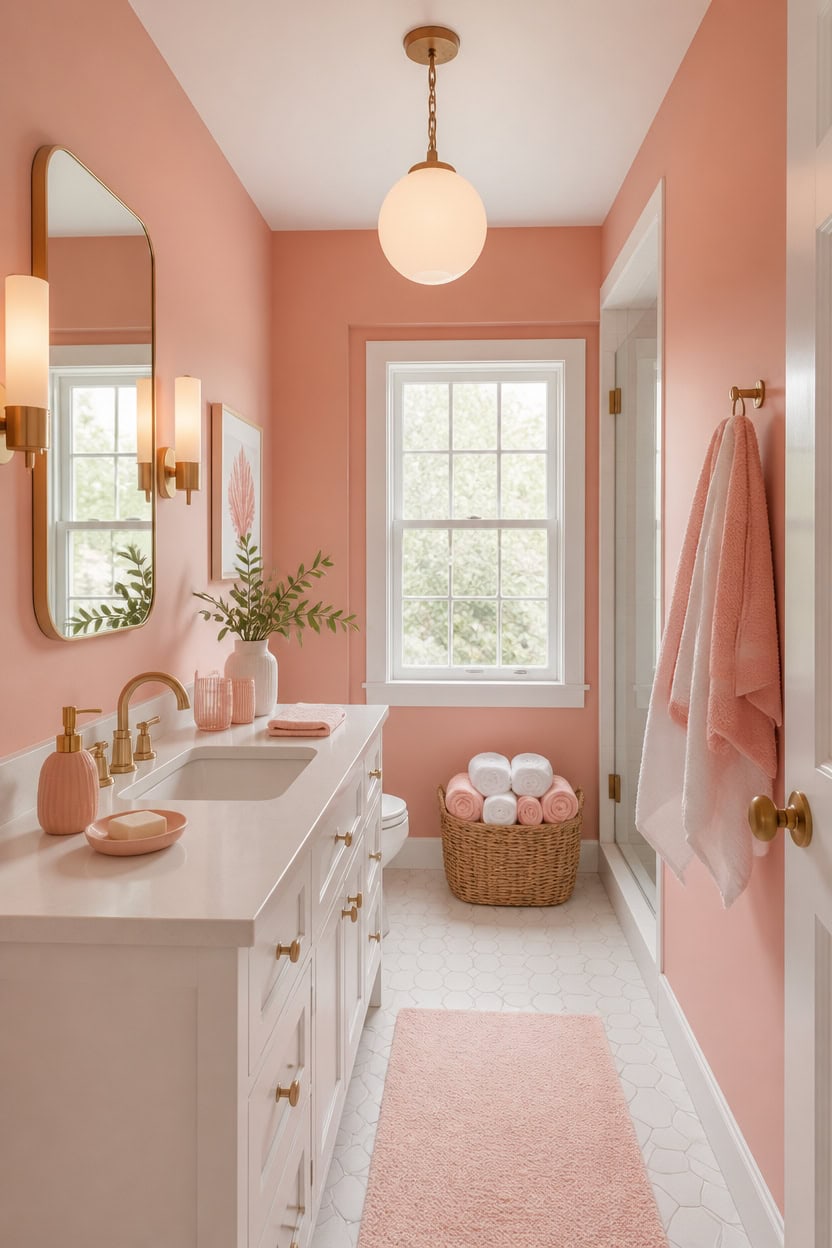 Bright pink bathroom with white vanity, gold fixtures, and a window with greenery view.
