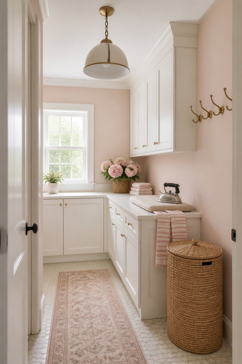 soft pink crisp white cabinetry