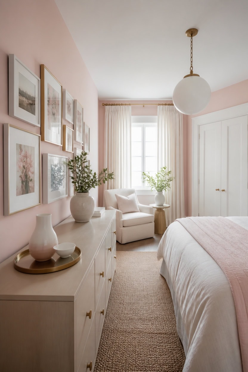 Bright bedroom with white furniture, artwork, and natural light from window.
