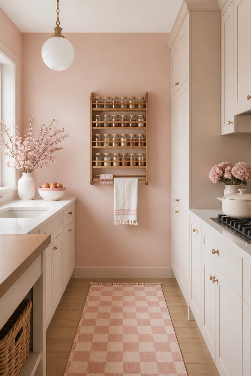 Bright kitchen with pink wall, white cabinets, and spice rack.