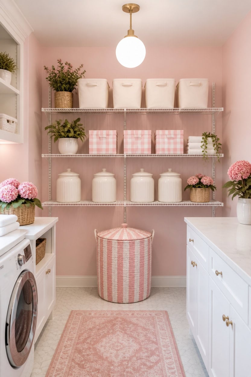Cozy laundry room with pink walls, white shelves, and floral accents.