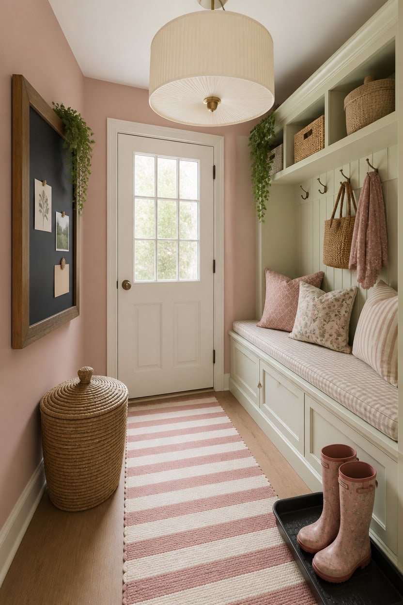 Bright mudroom with built-in bench, hooks, and storage baskets.