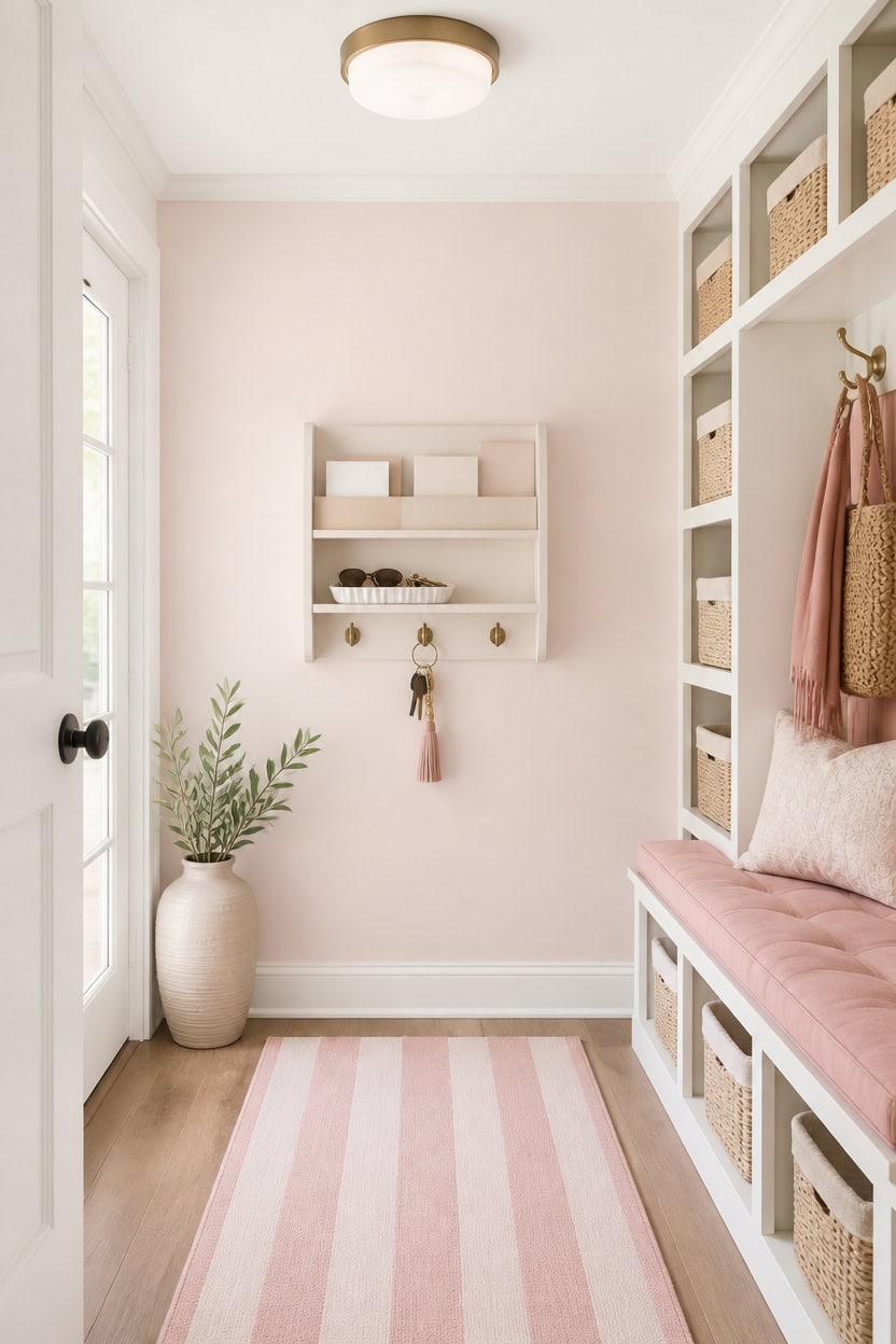 Bright entryway with built-in storage, pink accents, and a potted plant.