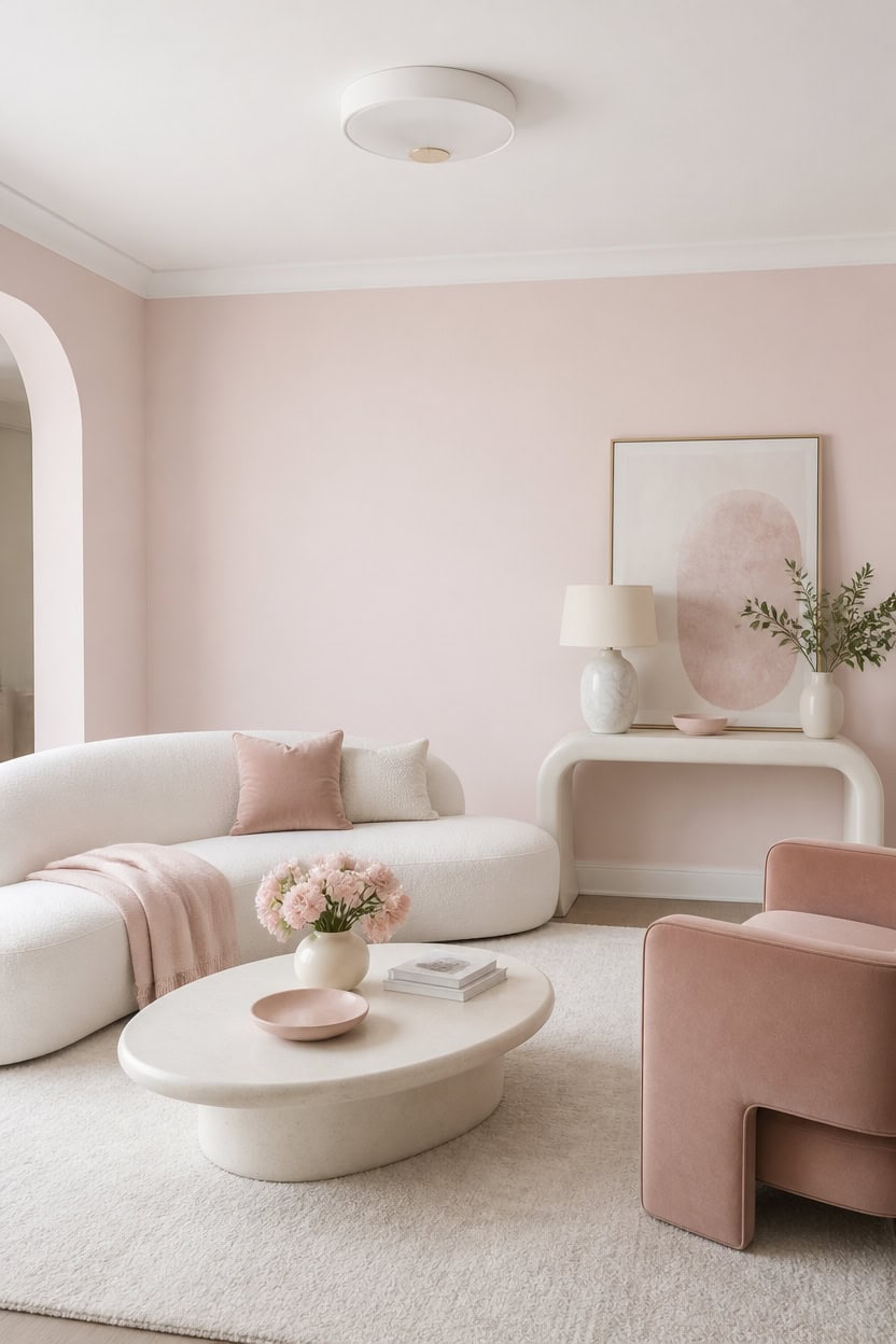 Stylish living room with pink walls, white sofa, and modern decor.