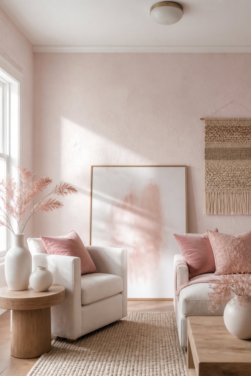 Bright living room with pink cushions, wall art, and natural light.