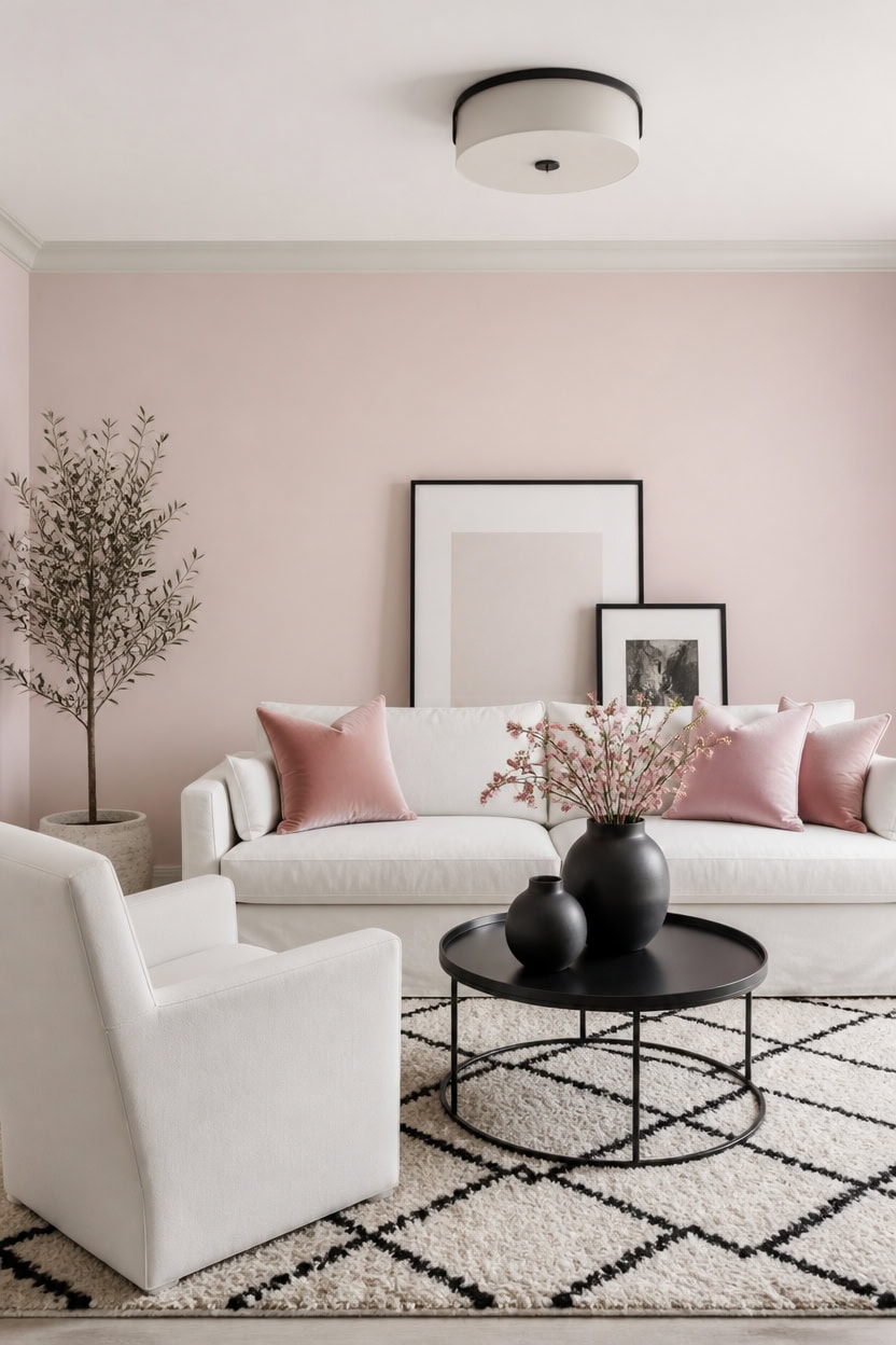 Elegant living room with white sofa, pink cushions, and black coffee table.