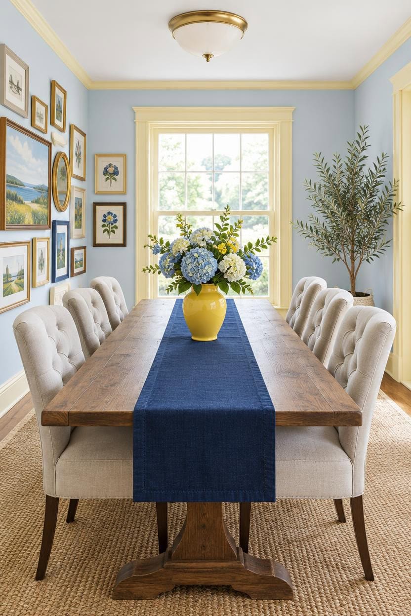 Bright dining room with a wooden table, floral centerpiece, and gallery wall.