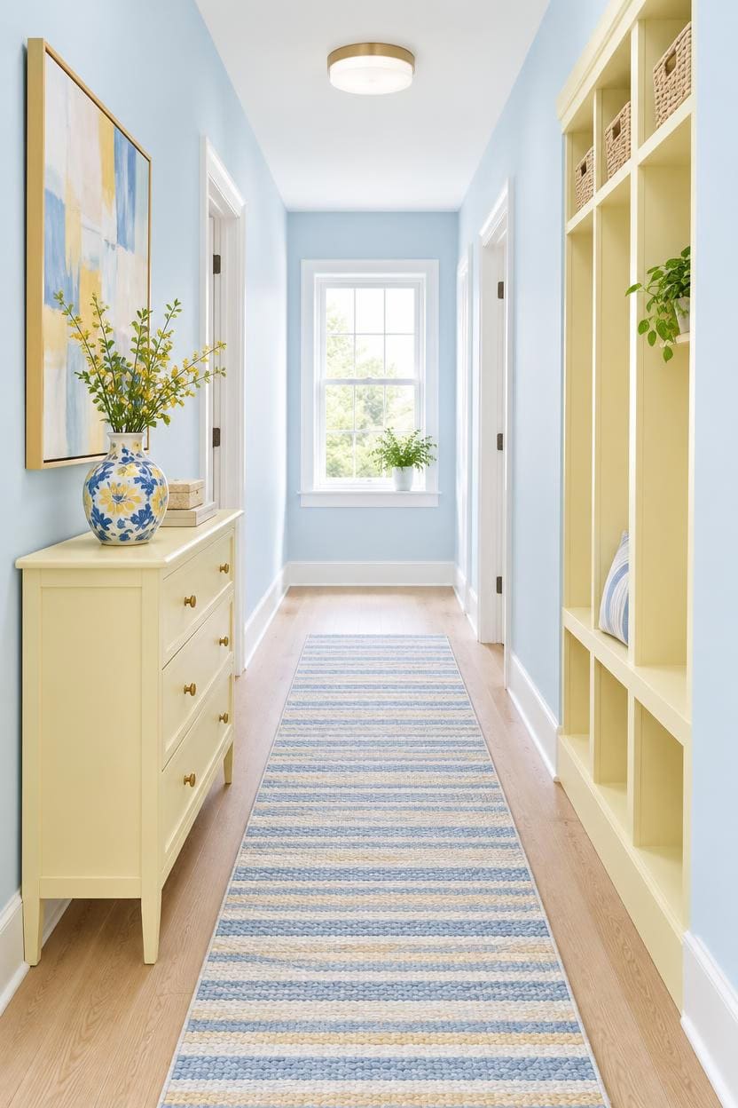 Light-filled hallway with pastel blue walls, yellow furniture, and decorative accents.