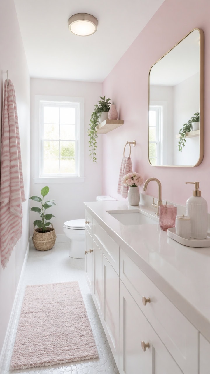 Bright bathroom with pink walls, white vanity, and natural light from windows.