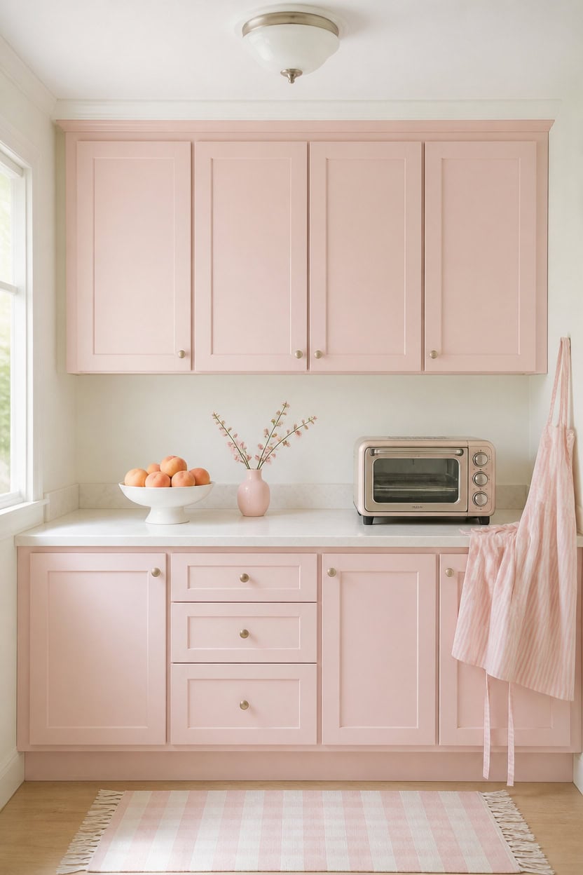 Bright pink kitchen cabinets with white countertop and small appliances.