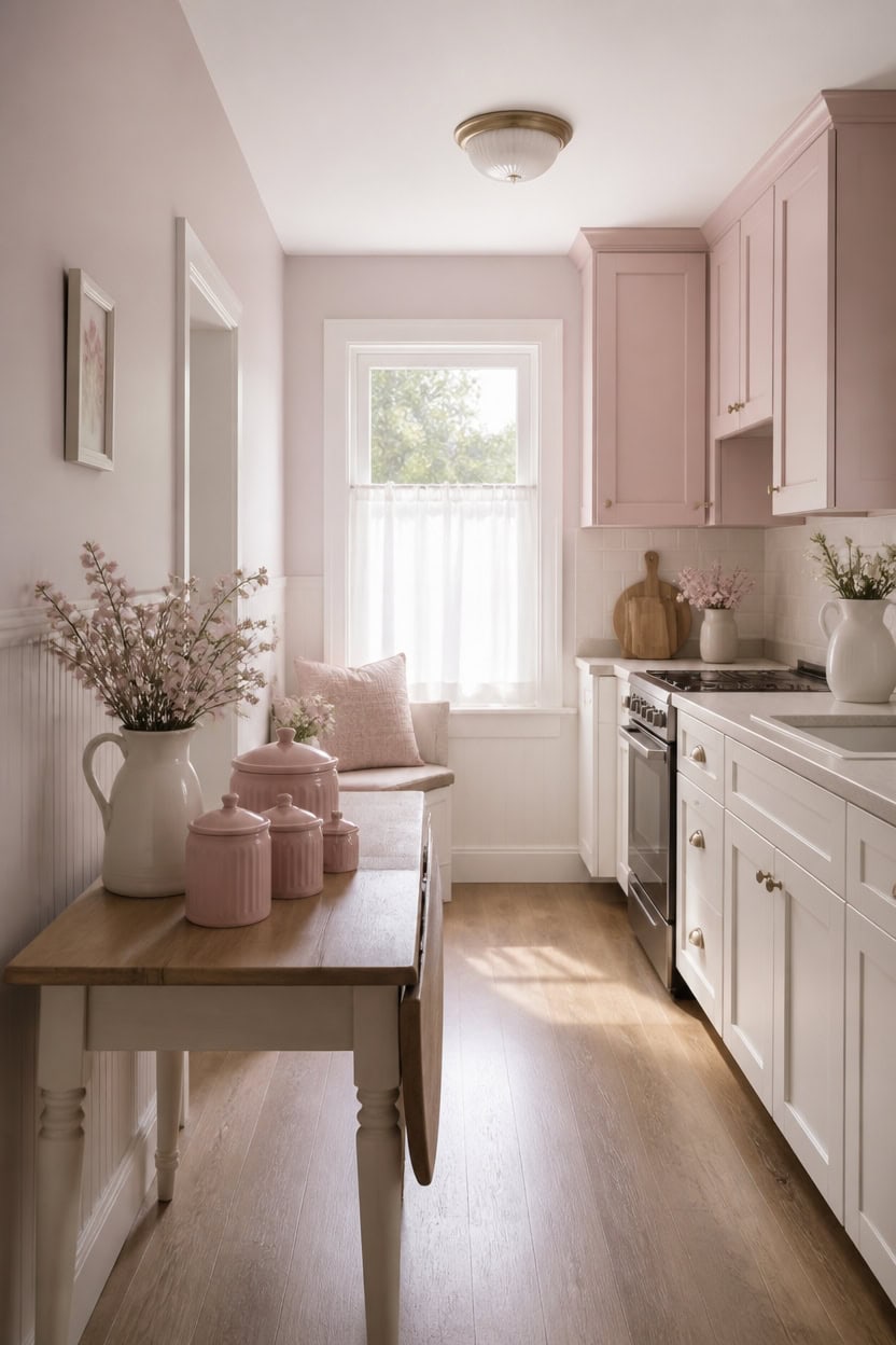 Bright pink kitchen with white cabinets and natural sunlight from window.