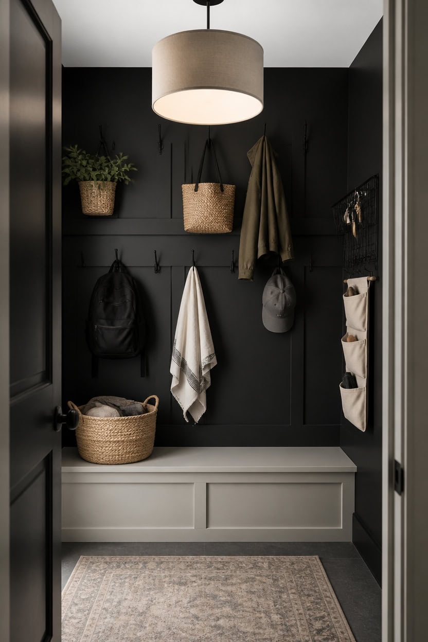 Modern entryway with hooks, baskets, and a potted plant for organization.