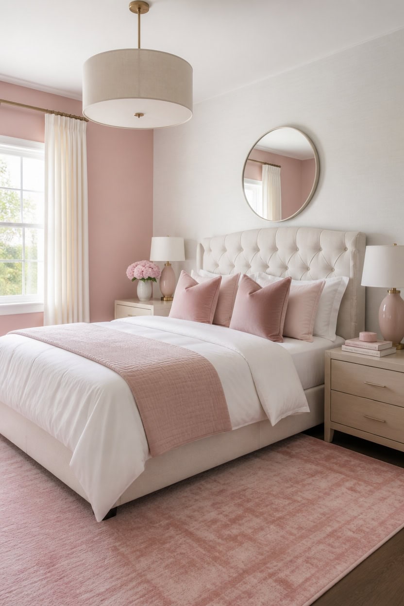 Beautiful bedroom with pink accents, white furniture, and natural light.