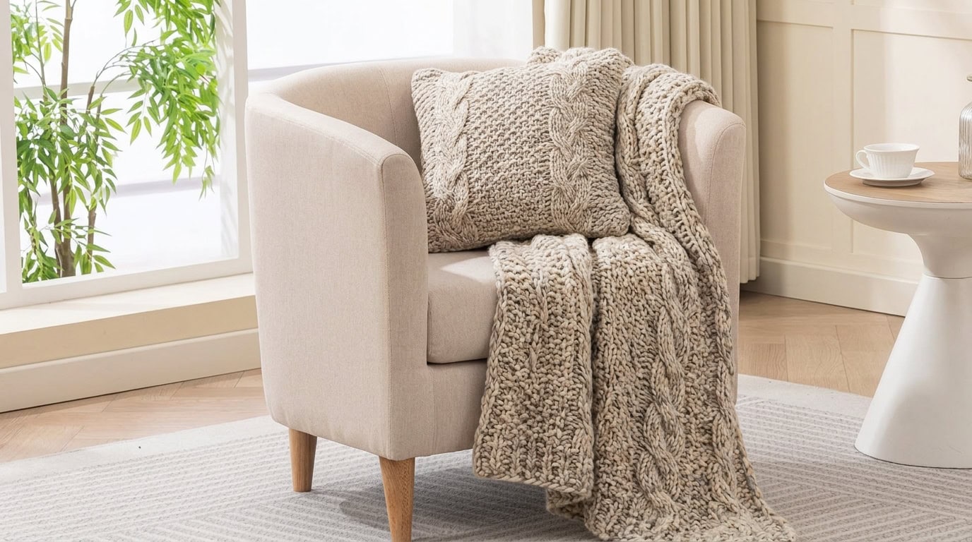 Comfortable beige armchair with knitted blanket in bright living room.