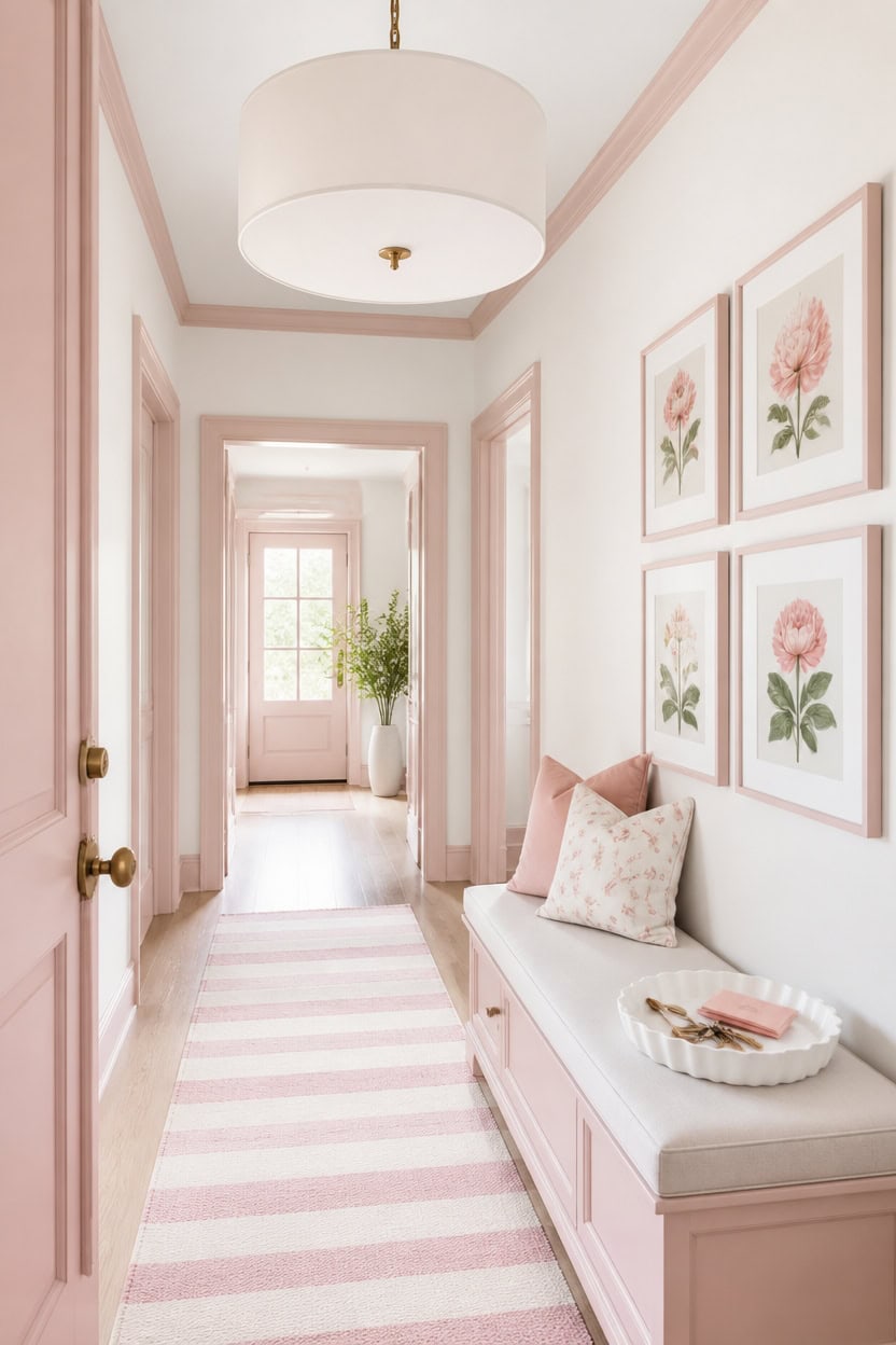 subtle pink accented white hallway