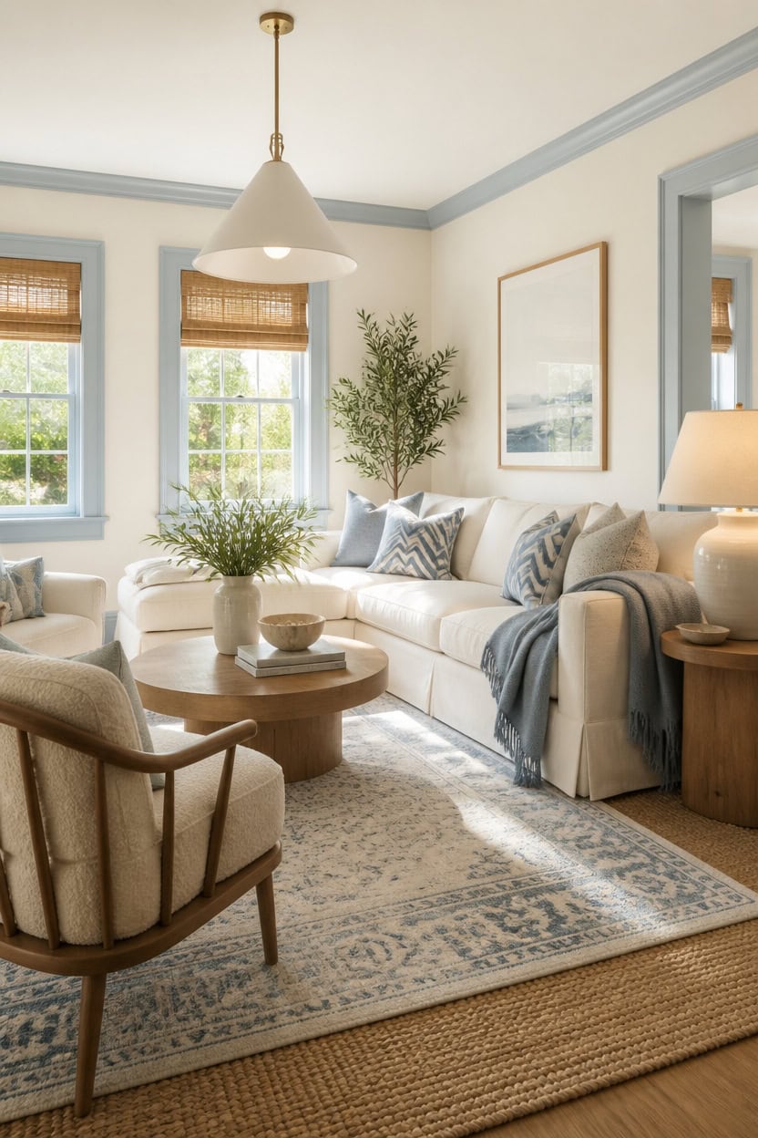 Bright living room with white sofa, wooden accents, and natural light.
