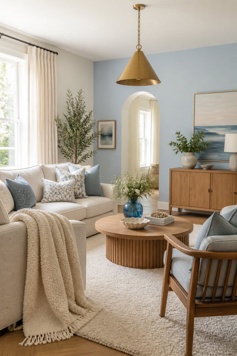 Bright living room with beige sofa, wooden furniture, and large window.